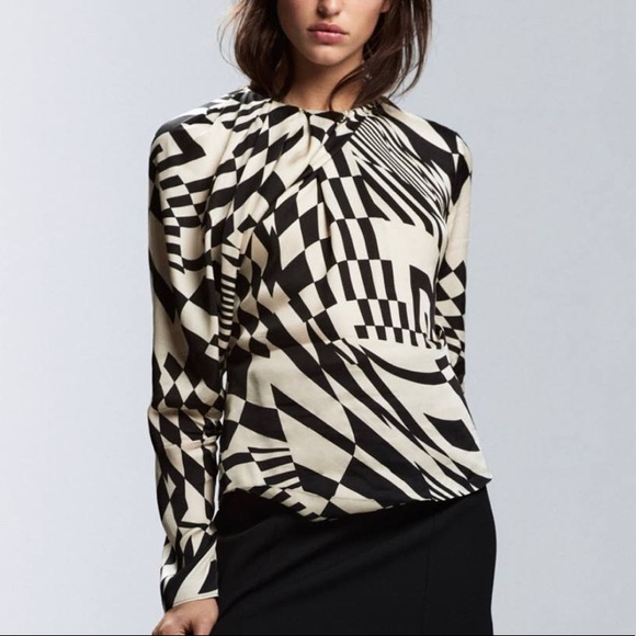 Zara Black and Ecru Draped Abstract Retro Domino Top Satin Material - Picture 4 of 7